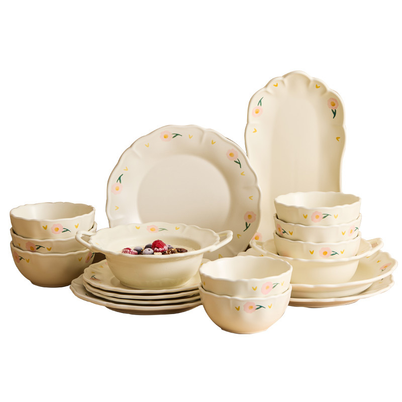 Bộ đồ ăn gốm sứ họa tiết hoa mẫu đơn, gồm bát và đĩa, dùng trong nhà, mẫu mới 2025, đồ dùng nhà bếp, đĩa ăn, bát ăn, thẩm mỹ cao