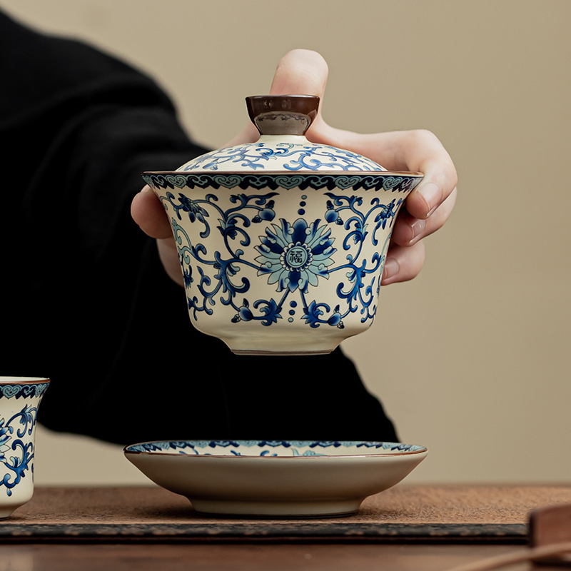 Bộ ấm trà Youfu màu xanh và trắng Ru Kiln Bộ ấm trà Trung Quốc gia dụng Bộ ấm trà có thể nâng cốc trà Bộ ấm trà Kung Fu