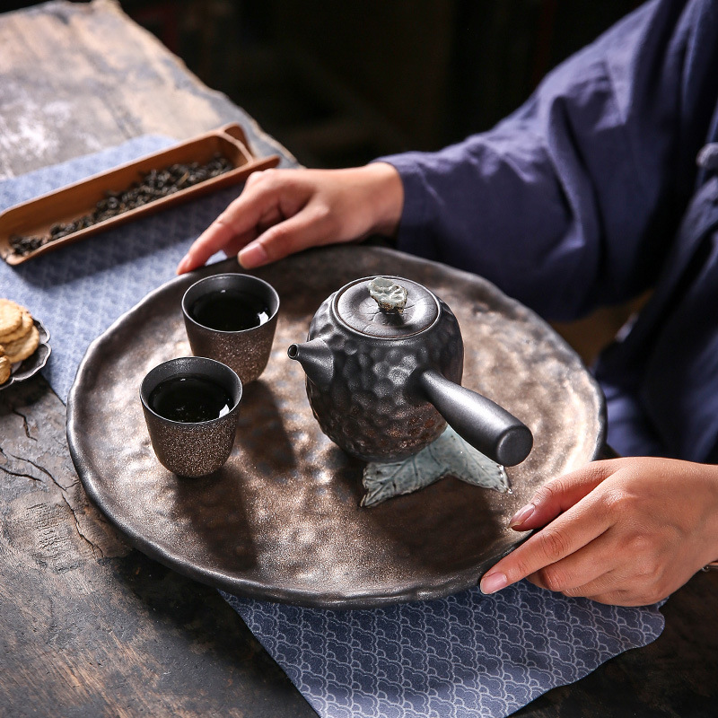 Nồi tráng men sắt mạ vàng kiểu Nhật tay cầm bên hông bộ trà gốm sứ Kung Fu ấm trà đơn nhỏ làm bằng tay cổ điển