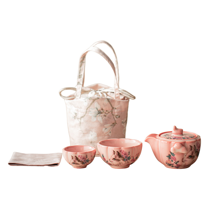 Bộ trà du lịch thạch mỡ lợn bột đỏ, một ấm hai cốc, cốc khách nhanh di động, bộ trà đơn giản cắm trại du lịch ngoài trời