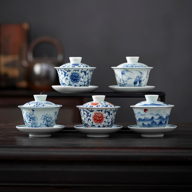 Cốc trà bát có nắp ba tài cổ sứ trắng xanh cốc trà gốm sứ tráng men màu cao cấp một tay không nóng chuyên dụng