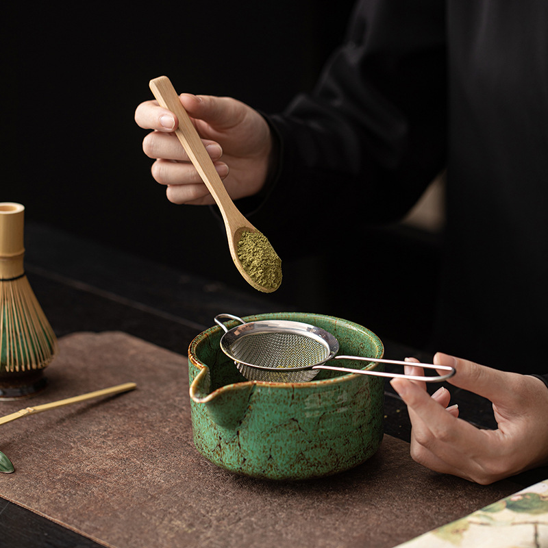 Bộ tám chiếc bát trà matcha màu chảy nung trong lò với miệng thông minh, dụng cụ pha trà bằng gốm sứ Nhật Bản, sàng bột, bộ lọc, phụ kiện cọ trà