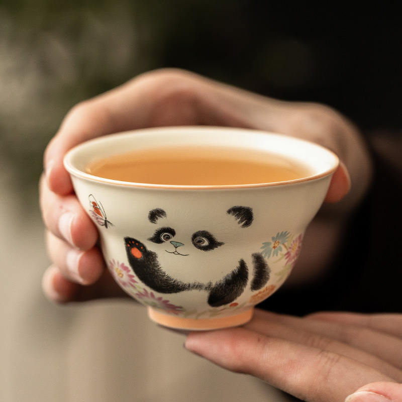 Cốc trà gấu trúc tráng men màu vàng cốc chủ nhân cốc trà Kung Fu dung tích lớn cốc trà gốm sứ cốc trà hộp quà