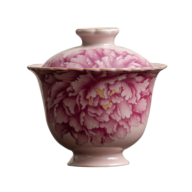 Bát có nắp ren lò Ru màu hồng Bộ ấm trà Kung Fu gốm sứ gia dụng Bát pha trà đơn có thể mở lát để nâng bát có nắp thứ hai