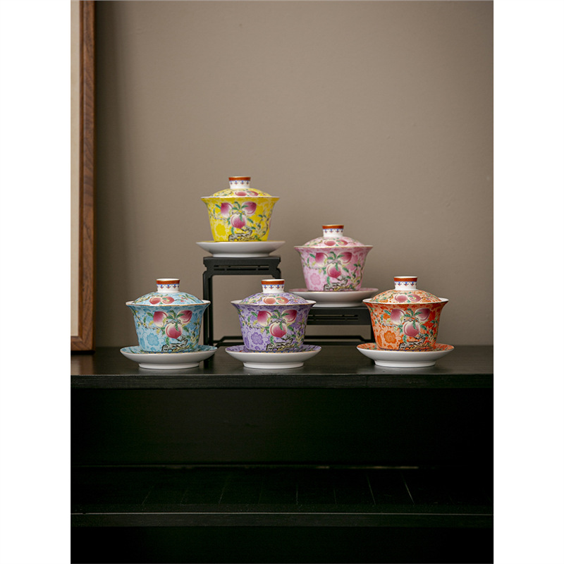 Bát có nắp màu hoa hồng chín đào Bộ ấm trà gốm sứ sang trọng nhẹ bát có nắp ba tài hoa vẽ tay dát vàng bát pha trà Kungfu đào trường thọ