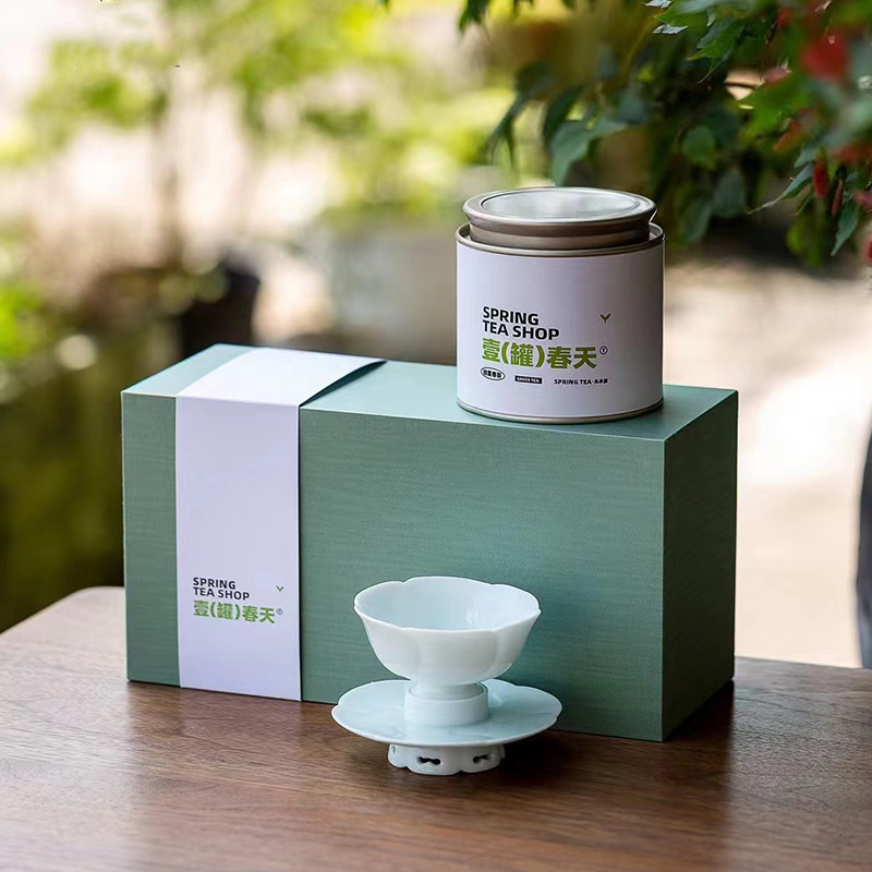Một lon trà cốc mùa xuân, bộ hộp quà, tách trà gốm, trà xanh, bao bì trà Long Tỉnh thời nhà Minh, hộp rỗng