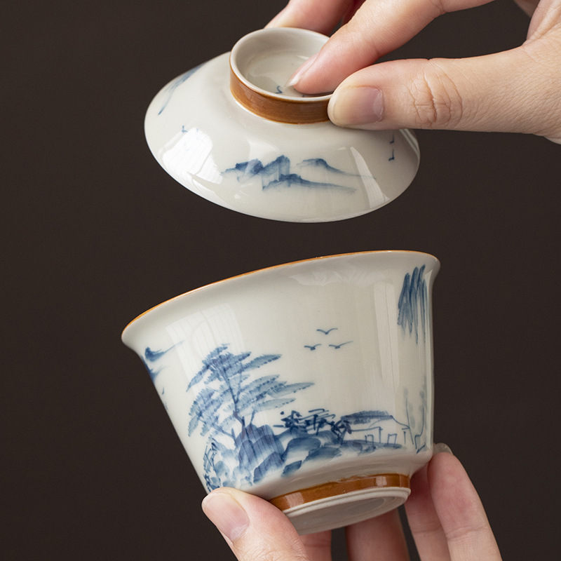 Ba báu Gaiwan vẽ tay với tro cỏ, Bát trà đơn dùng trong gia đình, Tách trà cao cấp, Bộ trà Kung Fu, Bát trà bằng gốm.