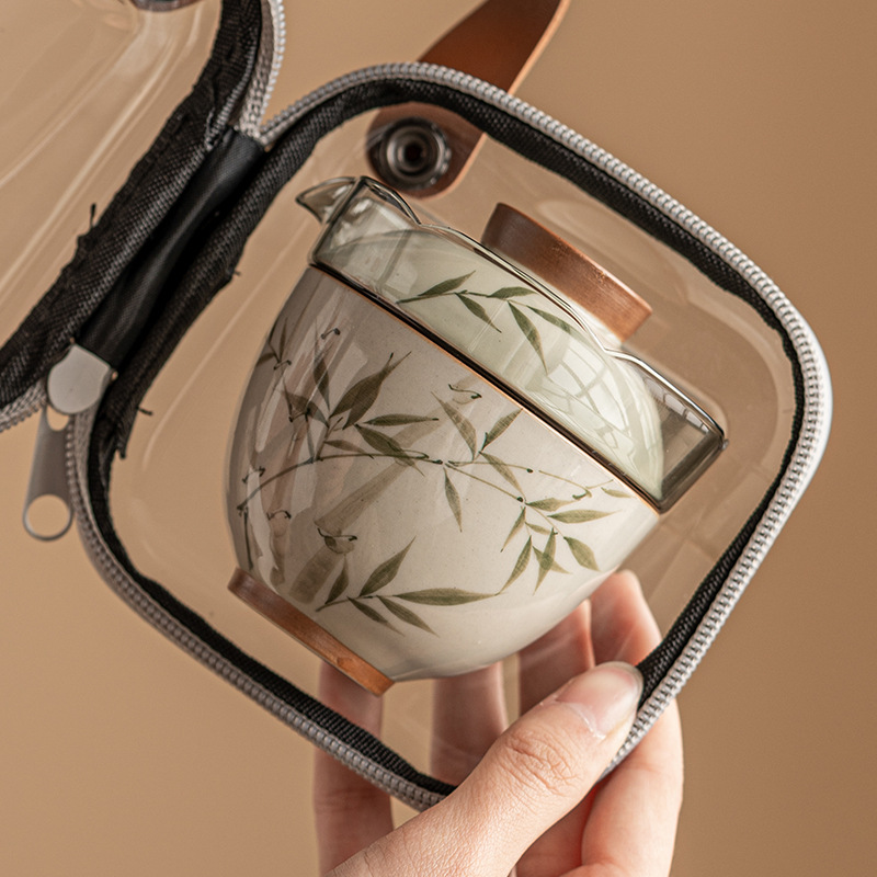 Bộ trà du lịch bằng tre xanh ngọc bích vẽ tay, một bình Hai cốc di động, cốc chở khách nhanh bằng gốm cắm trại ngoài trời trên ô tô