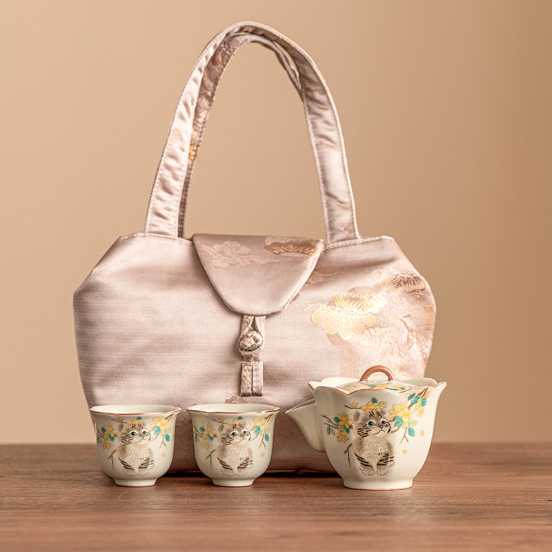 Bộ trà du lịch mèo dễ thương hoa vàng sứ Ru bộ trà gốm sứ di động tách trà pha trà ngoài trời một bình hai cốc bộ nhỏ