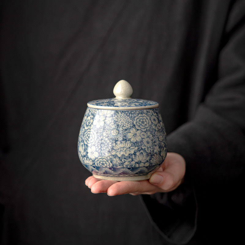 Lọ đựng trà gốm sứ trắng xanh bằng đất sét cũ, bình kín nhỏ, bình lưu trữ chống ẩm gia dụng cổ điển, nhà sản xuất bán buôn