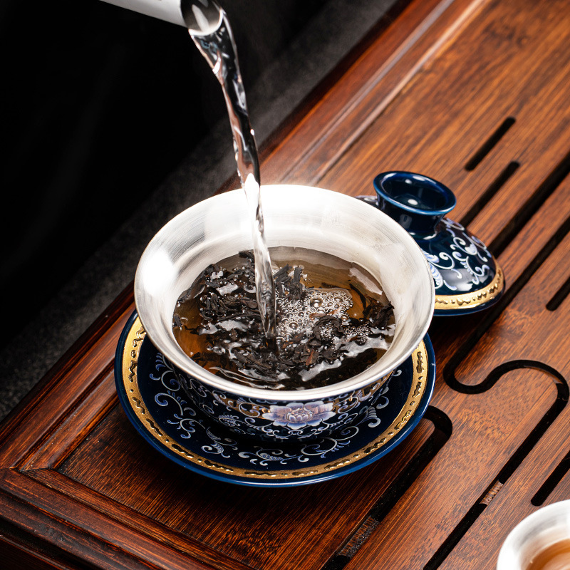 Bát có nắp mạ bạc bằng sứ trắng xanh Jingdezhen bát trà gốm sứ cốc trà lớn bộ trà Kung Fu cao cấp cốc trà gia dụng