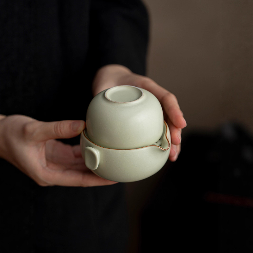 Bộ ấm chén du lịch De Ding Ru Kiln, ấm đơn và tách nhỏ gọn, dùng pha trà Kung Fu ngoài trời, quà lưu niệm.