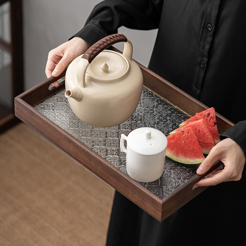 Khay đựng thủy tinh hoa Thu hải đường cổ điển khay đựng trà nhỏ bằng gỗ óc chó hình chữ nhật gia dụng khay đựng cốc đựng hoa quả