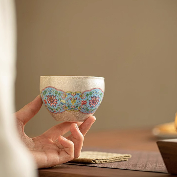 Hoa bạc cloisonné, cốc chủ nhân mạ bạc gấm, cốc trà phong cách cung đình, cốc trà cá nhân, cốc đơn