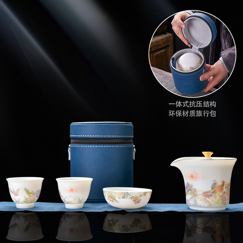 Cốc hành khách nhanh bằng sứ trắng ngọc cừu một bình Hai Ba Cốc gốm sứ tráng men di động ngoài trời Bộ trà Kung Fu du lịch