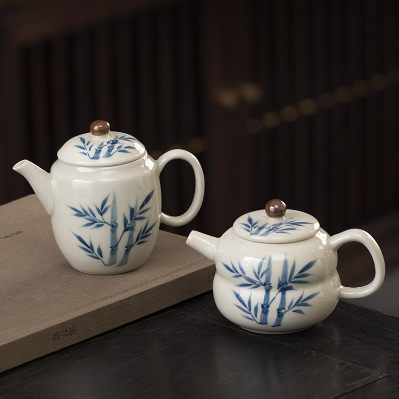 Bộ ấm chén trà tre vẽ tay kiểu Trung Quốc, men màu, kèm lưới lọc, ấm đơn, dùng trong gia đình, bộ trà kung fu, ấm trà gốm nhỏ
