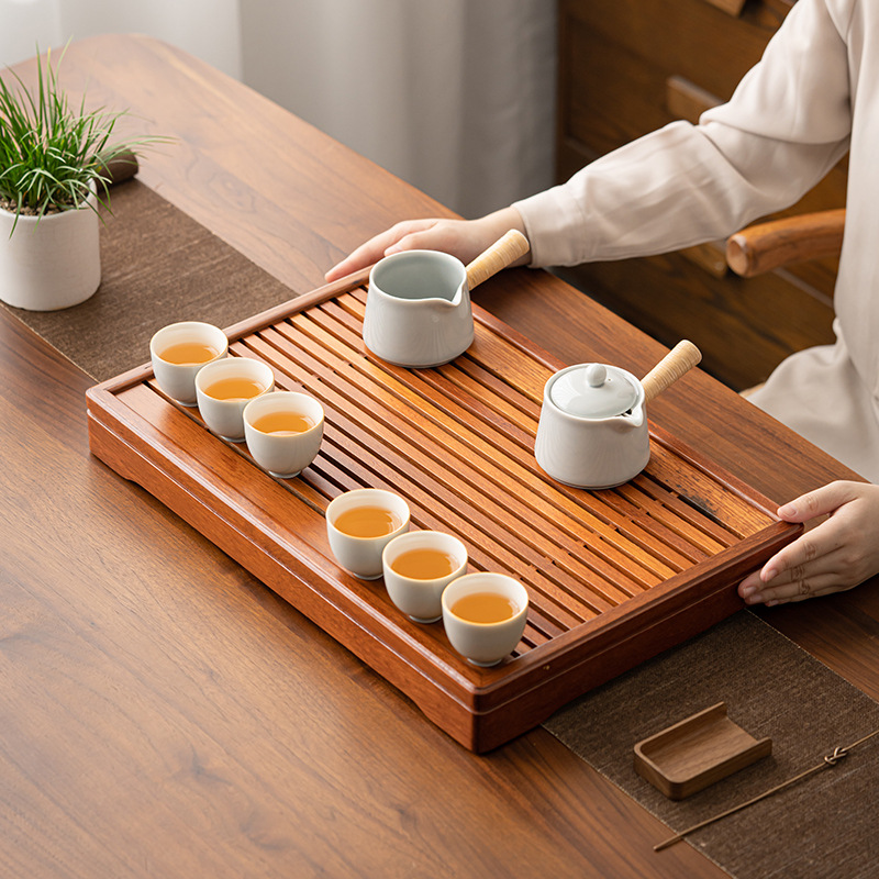 Khay trà gỗ nguyên khối kiểu trữ nước gia dụng khay pha khô hình chữ nhật đơn giản cỡ nhỏ dụng cụ pha trà kungfu khay trà thoát nước bàn trà