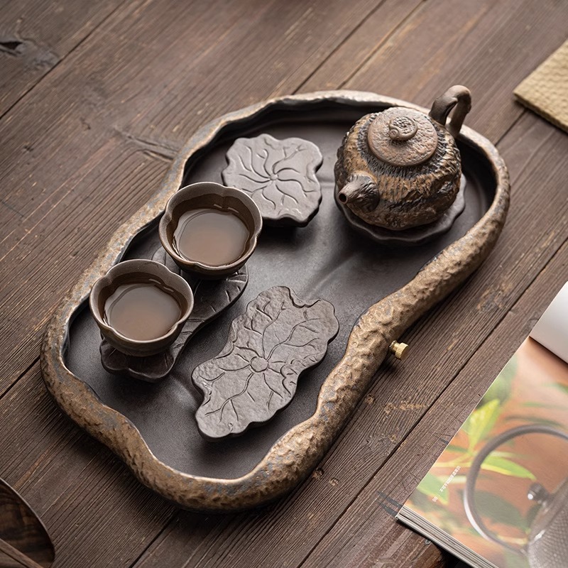 Khay trà kiểu Nhật, khay đựng nước bằng gốm, khay đựng bọt khô cỡ nhỏ, khay đựng trà Kung Fu, khay đựng ấm, khay đựng trà thiền gốm thô