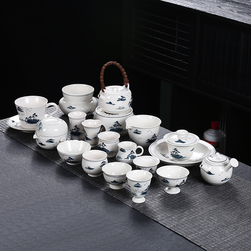 Bát có nắp màu xám thực vật vẽ tay, bình pha trà đơn phong cảnh, dụng cụ pha trà Kung Fu cao cấp gia dụng, bình trà