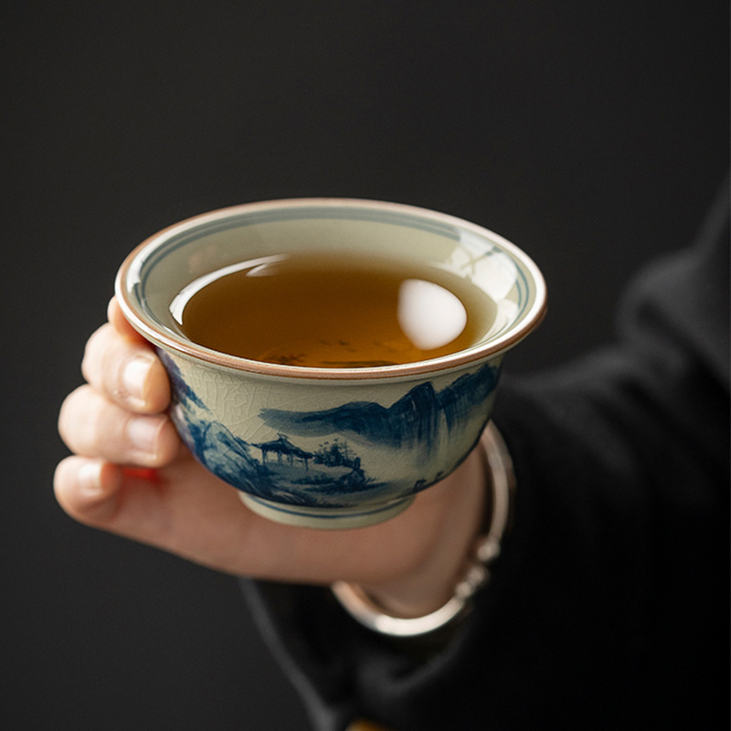 Jingdezhen cũ đất vẽ tay chủ nhân cốc phong cảnh màu xanh và trắng cốc trà gốm sứ Kung Fu Bộ trà cốc đơn bán buôn