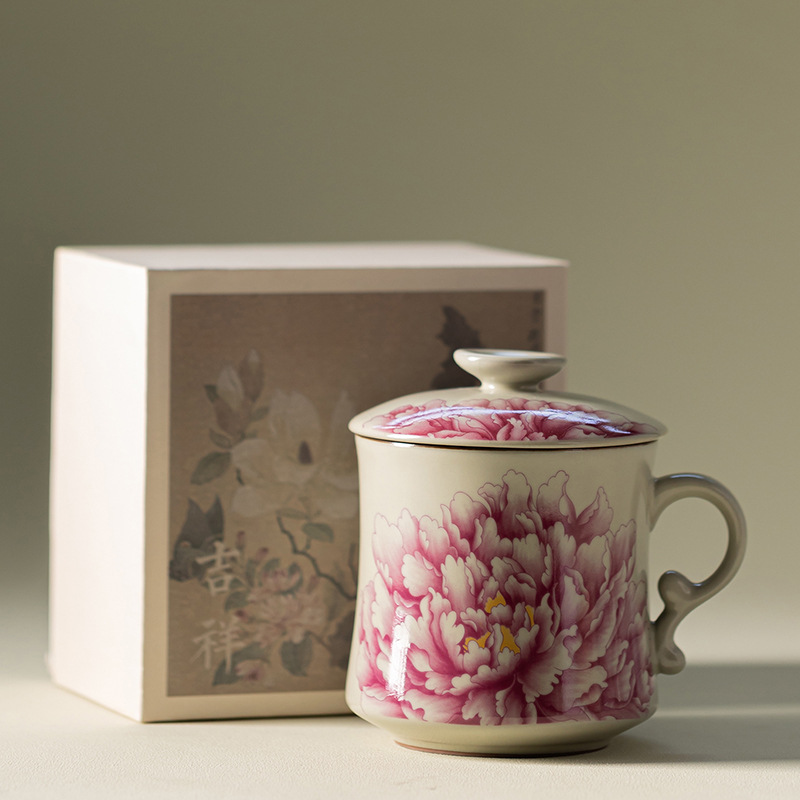 Cổ Ru Lò Hoa Mẫu Đơn Hình Lưỡi Liềm Cốc Nước, Gốm Văn Phòng Trà, Cốc Có Nắp, Lọc Trà