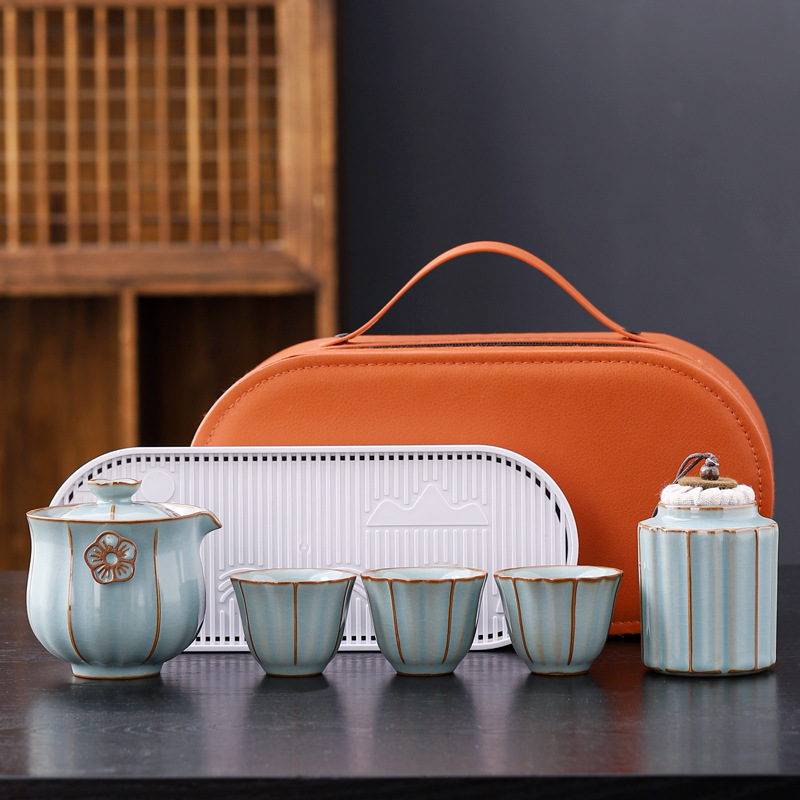 Bộ trà du lịch Ru Kiln Bộ trà Kung Fu cốc nhanh di động ngoài trời Bộ trà một ấm ba tách trà khay trà quà tặng