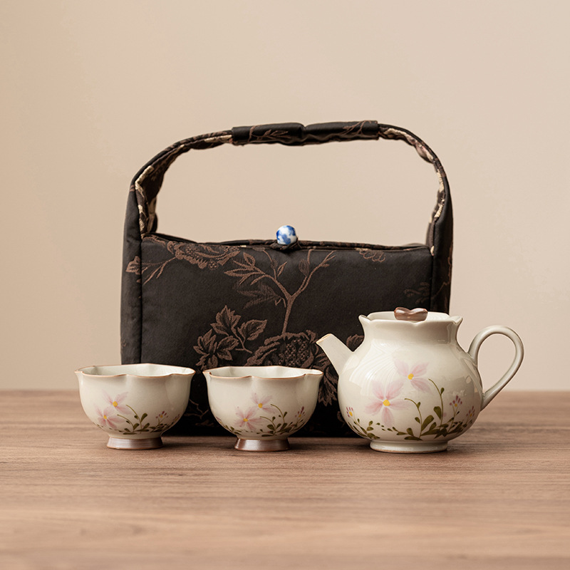 Bộ trà Kung Fu gốm sứ xám hoa cúc nhỏ gia dụng bộ trà du lịch xách tay ngoài trời một bình hai cốc