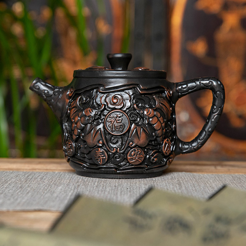 Ấm trà gốm tím chạm khắc toàn bộ ấm trà đất sét tím thủ công Hanwa Jianshui Wufu Linmen bộ pha trà văn phòng gia đình cao cấp