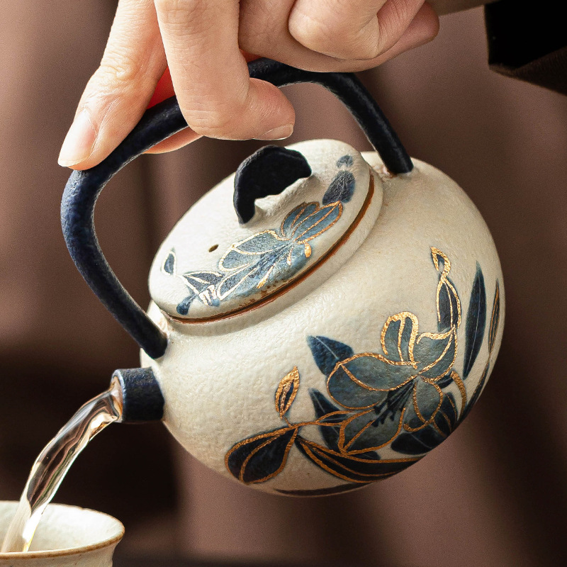 Ấm trà gốm sứ đá lửa trắng xanh, ấm cầm chùm hoa huệ vẽ tay bằng vàng, dụng cụ pha trà Kung Fu gia dụng, ấm đơn có lọc
