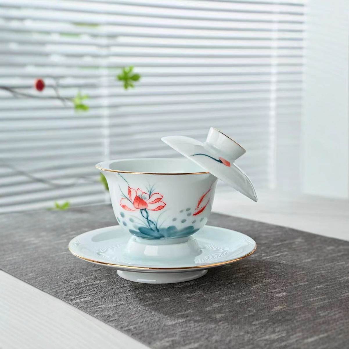 Bát sứ nephrite vẽ tay, nắp đậy, chén uống trà ba ngăn, bộ ấm trà kung fu, chén trà, bát trà nổi, kích thước lớn