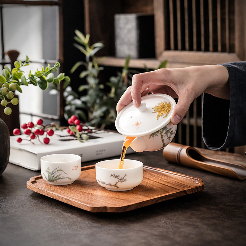 Bán buôn mận, Lan, Trúc, cúc, cốc khách nhanh, gốm sứ ngoài trời, một ấm hai cốc, Bộ trà Kung Fu du lịch xách tay, phong cách Trung Quốc