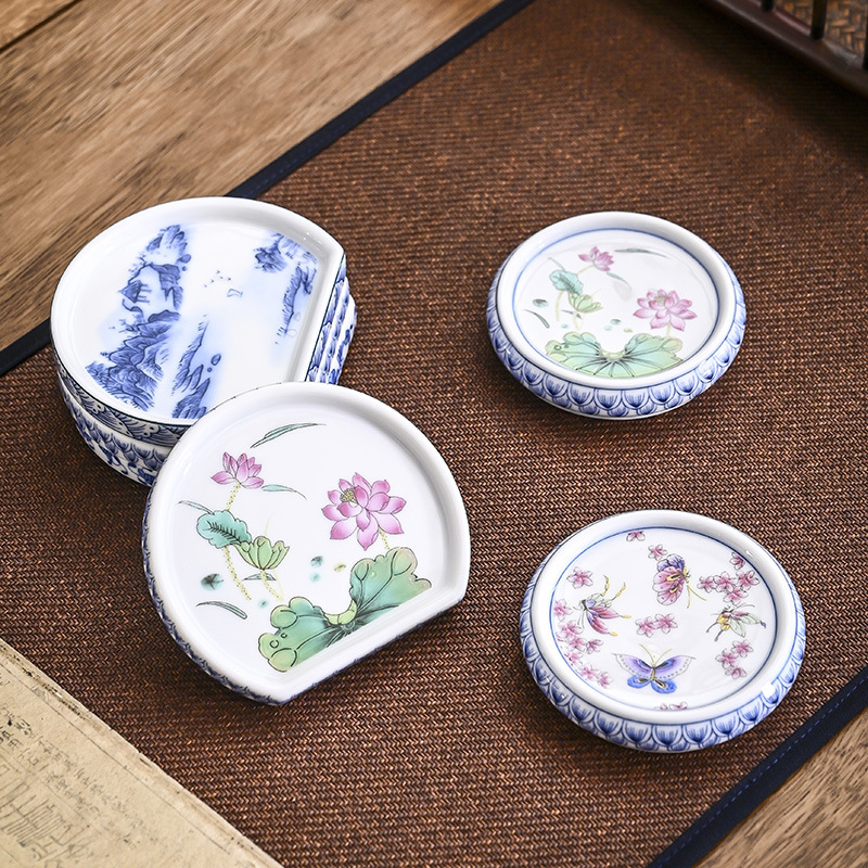 Nắp gốm cổ điển với họa tiết hoa văn màu xanh và trắng, nắp ấm trà cát tím, Tấm Lót cốc, bình nhỏ, Tấm Lót cốc