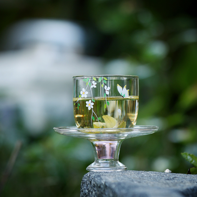 Cốc trà chân cao thủy tinh chịu nhiệt Huachao tươi mát, bộ trà đặc biệt trà xanh, cốc trà, cốc chủ nhân có khay cốc