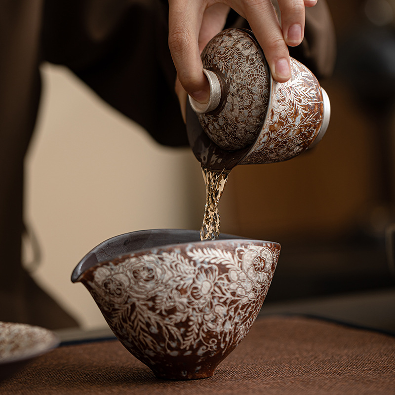 Bát có nắp bằng bạc mạ hoa bùn đá cũ, Bộ trà Kungfu gốm thô gia dụng cổ điển, bát có nắp, bát pha trà cỡ nhỏ, cốc trà