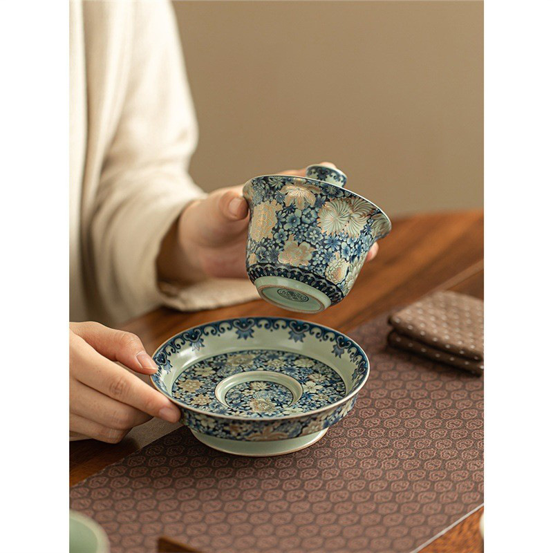 Bát có nắp ba tài hoa Ru Lò gốm gia dụng cao chân kiểu Trung Quốc cổ điển bàn pha trà phục vụ bát trà Kung Fu bộ trà bán buôn