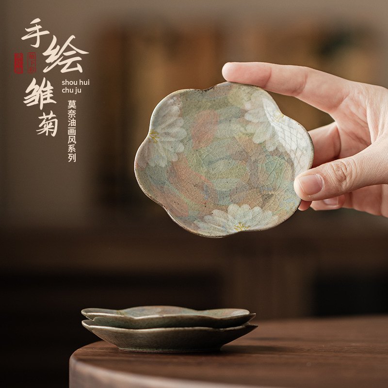 Sơn men borneol vẽ tay hoa cúc cánh hoa lót tách trà lót cốc gốm sứ gia dụng lót cách nhiệt phụ kiện bộ trà Kung Fu