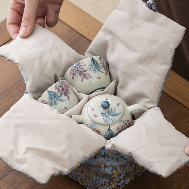 Xám thực vật vẽ tay hoa tử đằng bộ trà công phu ấm trà gốm sứ bộ trà du lịch gia dụng nữ một bình hai cốc