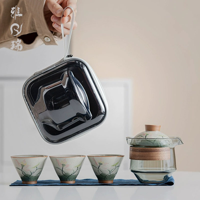 Bộ trà du lịch vẽ tay cốc khách nhanh kinh doanh cá nhân một Bình Ba cốc ngoài trời di động cốc trà Kung Fu bán buôn