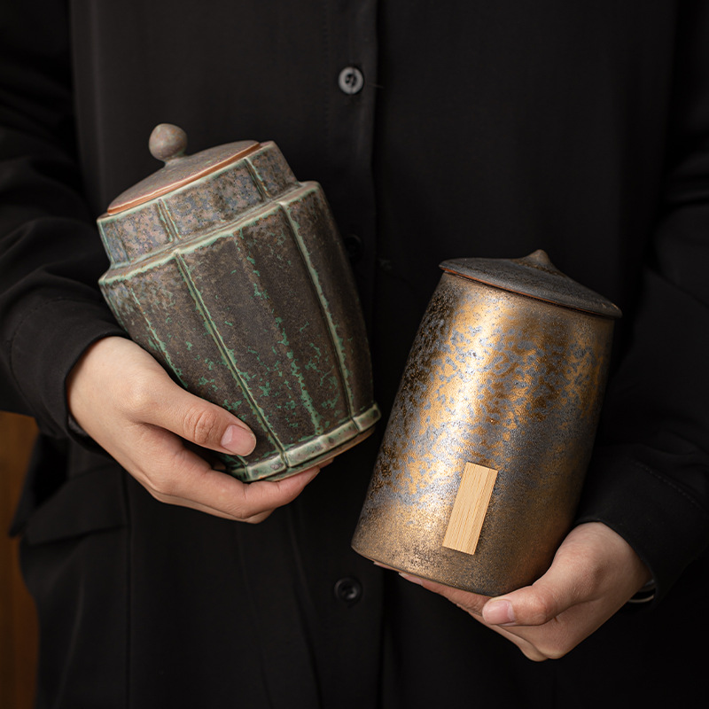 Bình đựng trà Mũ sắt tráng men mạ vàng cổ điển kiểu Trung Quốc, bình đựng trà gốm sứ dung tích lớn, bình kín chống ẩm gia dụng