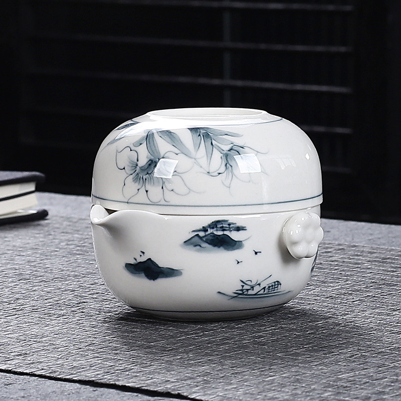 Bộ ấm trà du lịch ngoài trời di động cốc nhanh phong cảnh vẽ tay Bộ ấm trà Kung Fu tráng men