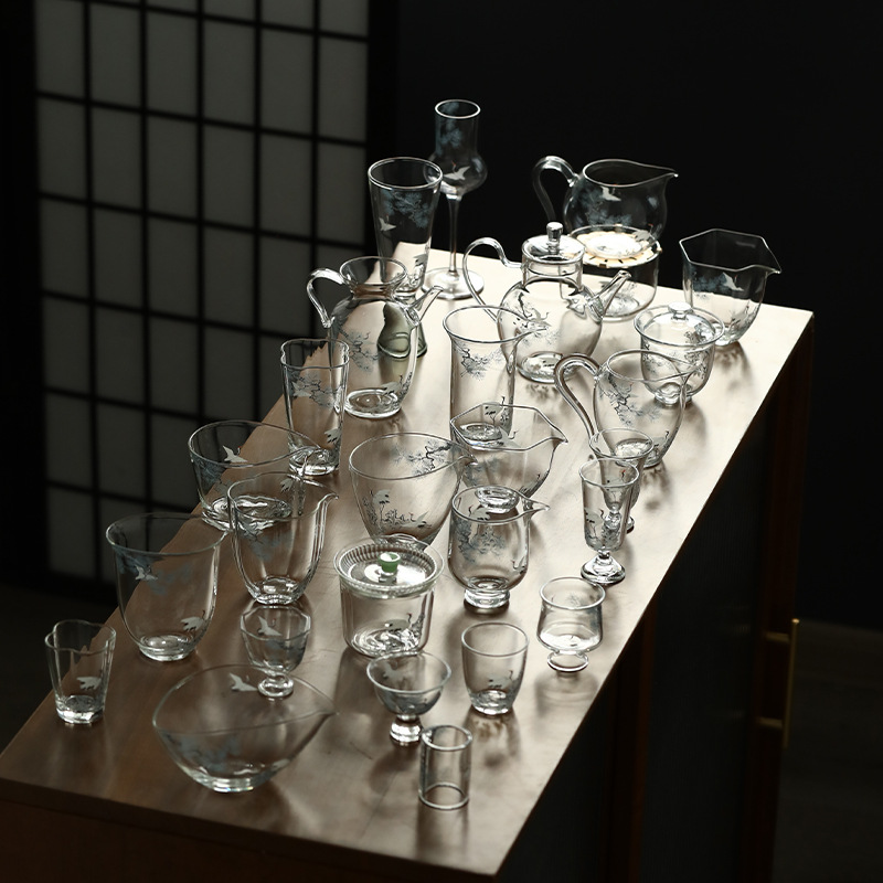 Decal thủ công Songhe thủy tinh borosilicate Bộ trà Kung Fu Cốc công bằng Cốc trà xanh Ấm pha trà xanh Hai bát có nắp