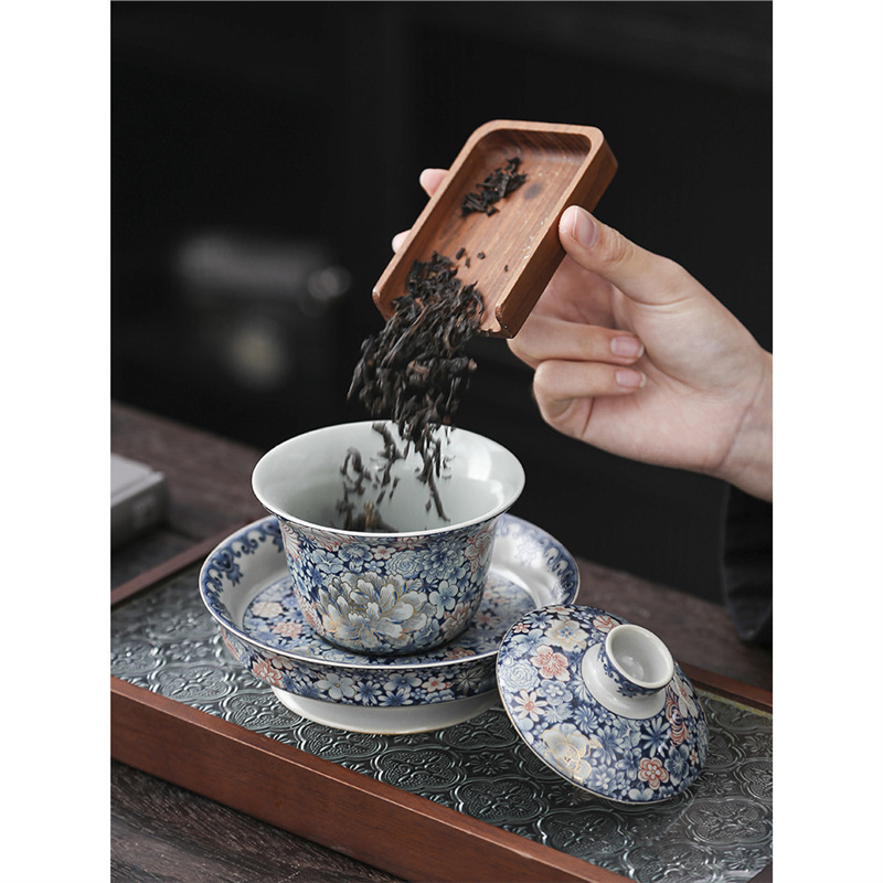 Bát tam tài tráng men cổ điển sang trọng nhẹ bát trà gốm sứ gia dụng cỡ lớn cốc trà bộ trà kungfu cao cấp một chiếc