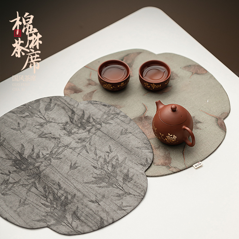 Thảm trà hai mặt cotton lanh kiểu Trung Quốc, thảm xốp khô hình chữ dài viền hoa phong cách Trung Quốc, thảm trà cách nhiệt, khăn trải bàn trà, phụ kiện trà đạo