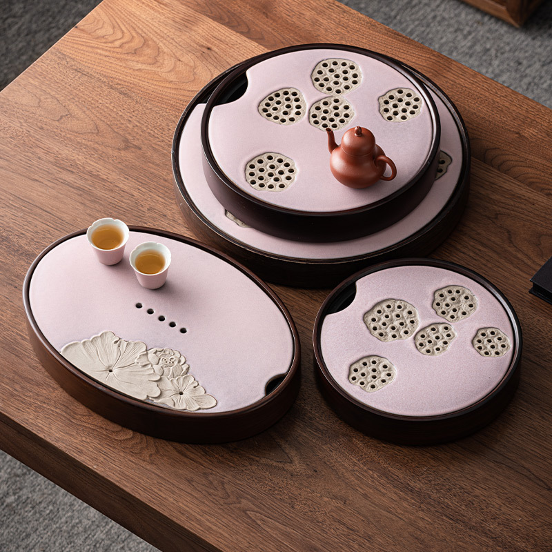 Khay trà hình tròn lò nung Khay trà bàn pha khô Kung Fu loại nhỏ phòng khách gia dụng khay trà Bộ đồ trà gốm sứ khay để ráo nước