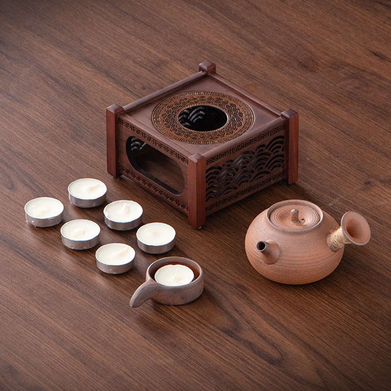 Bộ ấm trà vuông gỗ óc chó Bắc Mỹ nến đèn cồn đế ấm trà bộ trà Kung Fu tinh tế phụ kiện trà đạo