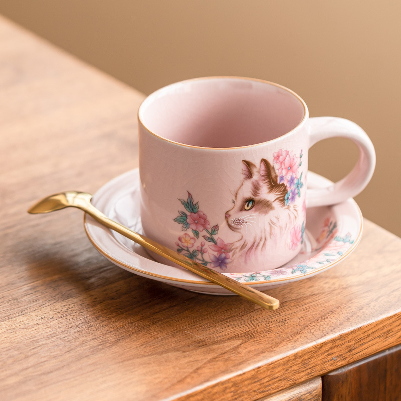 Cốc cà phê Ruyao bột Ruhua mèo cốc đặc biệt dành cho cá nhân nữ cốc và đĩa cốc khuấy cổ điển tinh tế cốc gốm sứ