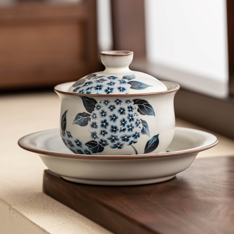 Cốc trà có nắp đậy Ruyao Sancai Cốc trà mỡ lợn đông lạnh Ruqing hoa cẩm tú cầu sứ Ru Bát trà có nắp chống bỏng Một bát hai cốc