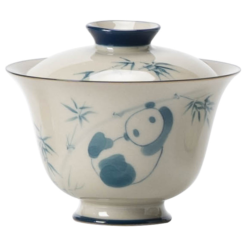 Cây tro cỏ vẽ tay gấu trúc chơi tre cao chân cao hai nắp bát trà gia dụng cao cấp bộ trà gốm sứ Kung Fu