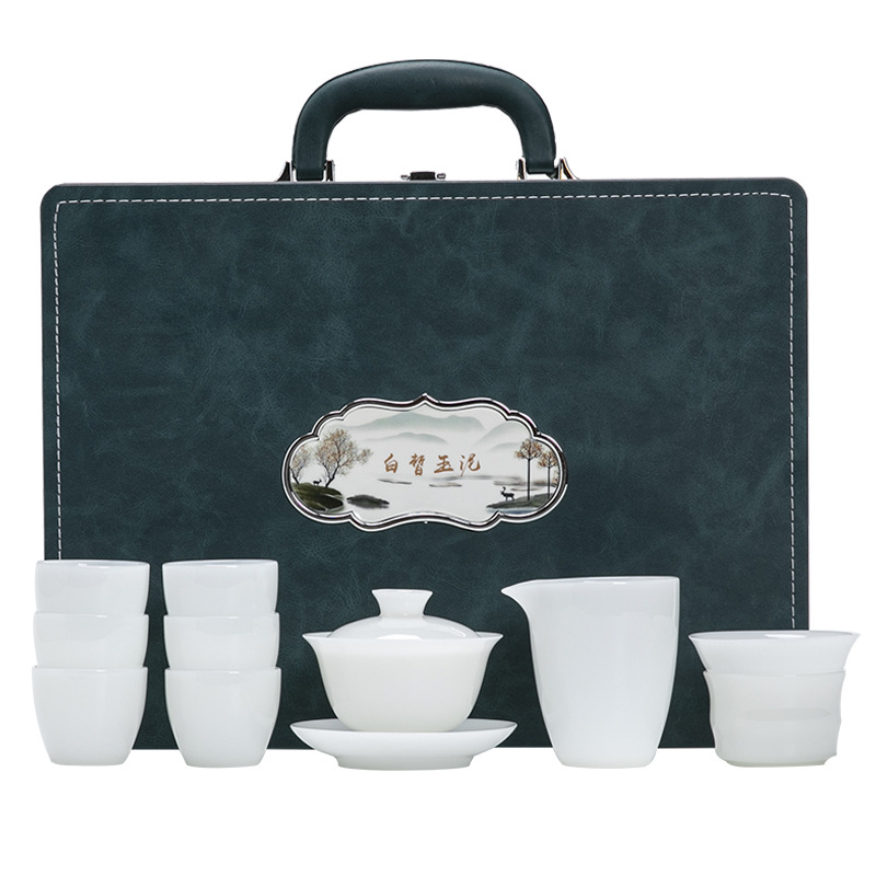 Bộ ấm trà bằng sứ trắng ngọc bích một bát sáu cốc cốc công bằng bộ lọc bộ ấm trà sứ trắng Dehua hộp quà tặng