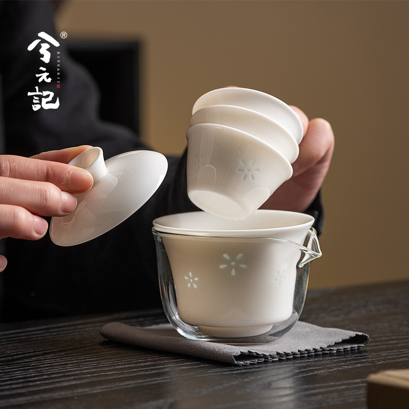 Bộ ấm chén du lịch sứ ngọc tinh tế, di động, nhanh chóng, một chén ba tách, dụng cụ pha trà ngoài trời cắm trại